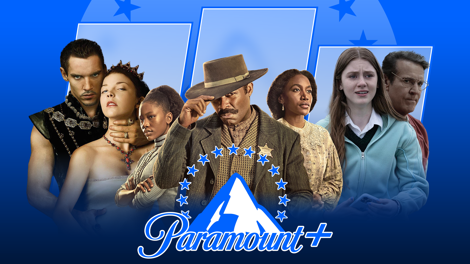 Логотип Paramount+ и персонажи телешоу вокруг.