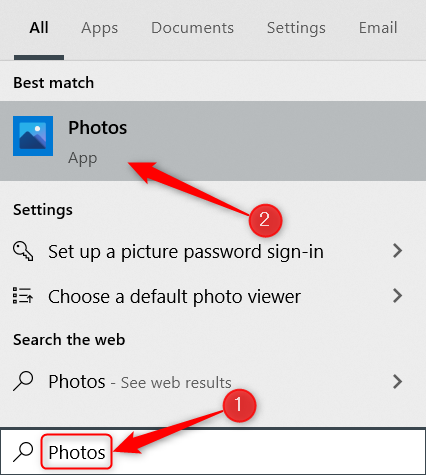 Введите «Фотографии» в поиске Windows и откройте приложение.