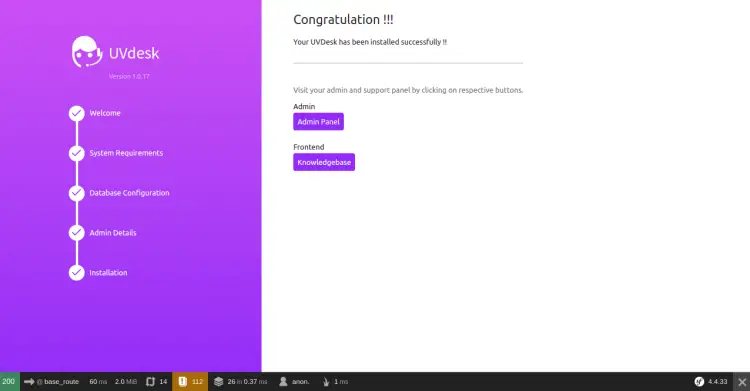 Экран завершения установки UVdesk