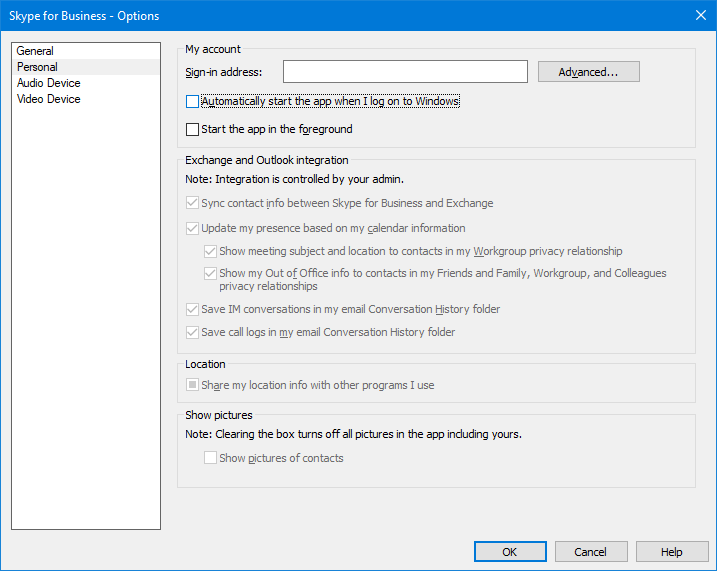 меню настроек Skype for Business