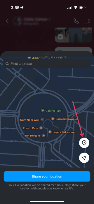 Кнопка «Pin» на экране локации в личных сообщениях Instagram