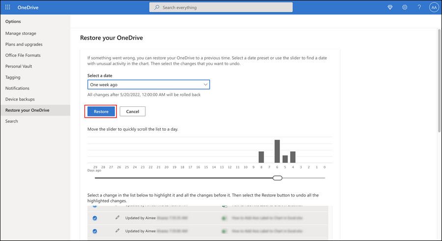 Кнопка Восстановить в OneDrive и подтверждение