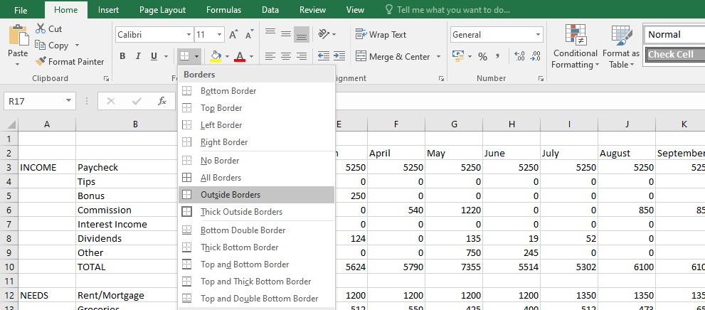 Создание границ в бюджете Excel