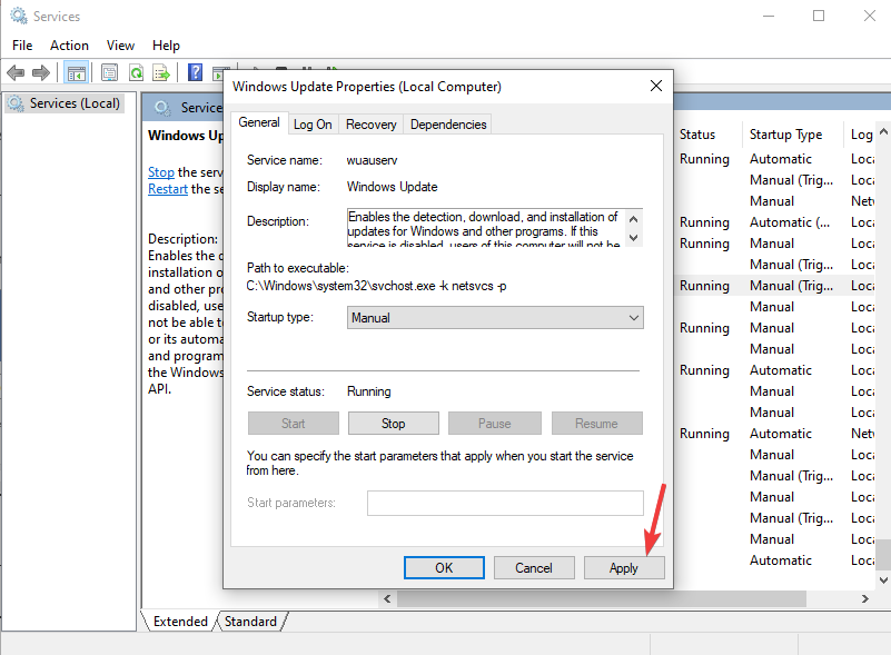 Кнопка Применить в окне службы Windows