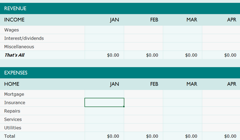 Пример листа Excel с трекером личных финансов после применения замены и форматирования