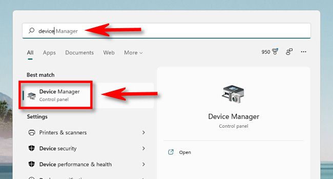 Поиск «диспетчер устройств» в меню Пуск.