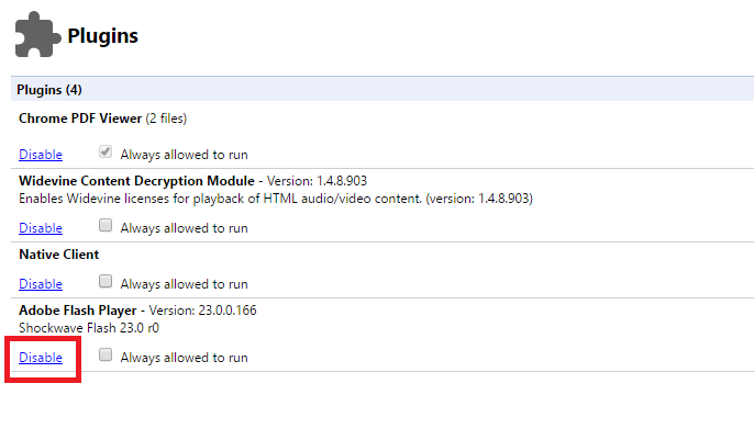 Отключение Adobe Flash в Chrome
