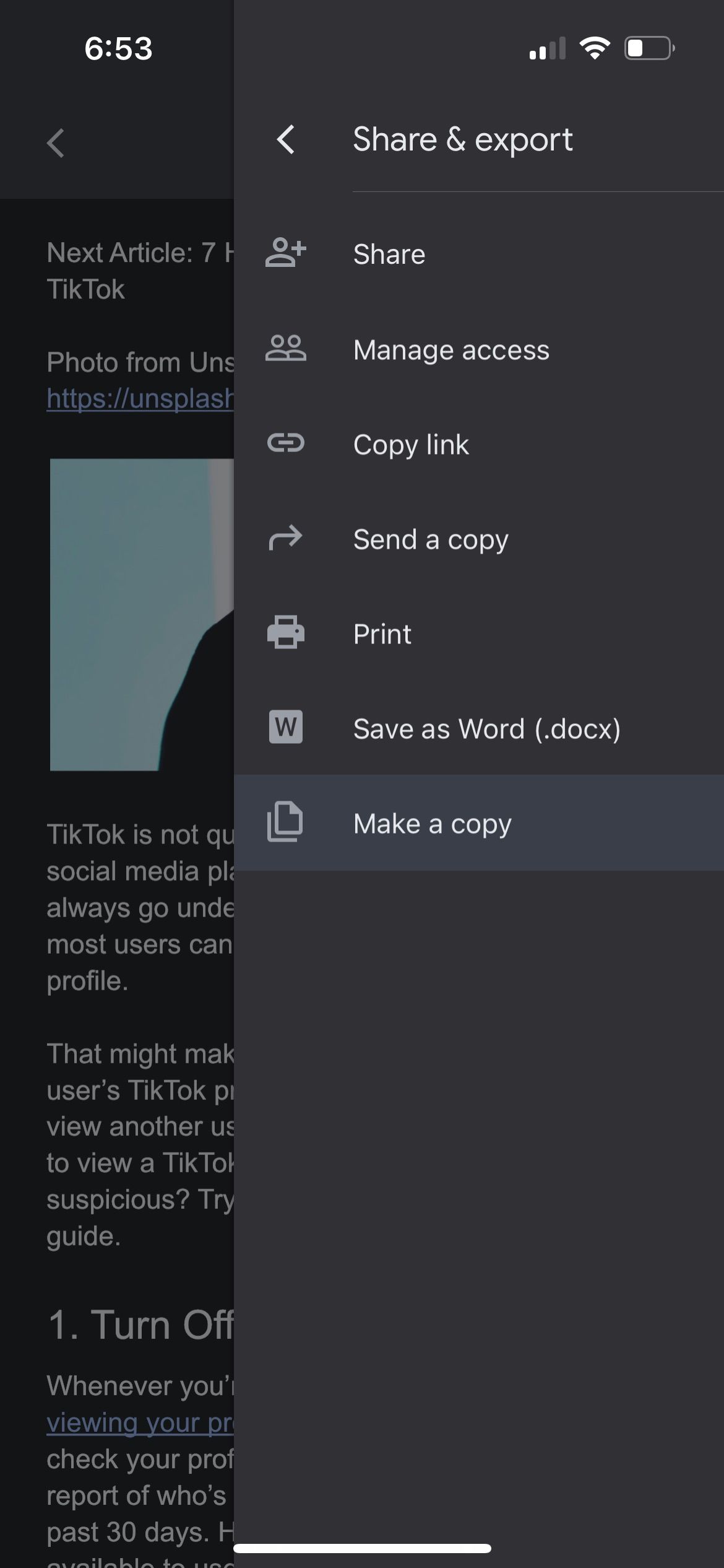 Окно Поделиться и экспорт в Google Docs на iPhone