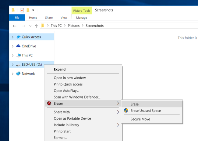 Eraser: опции для удаления файлов и дисков