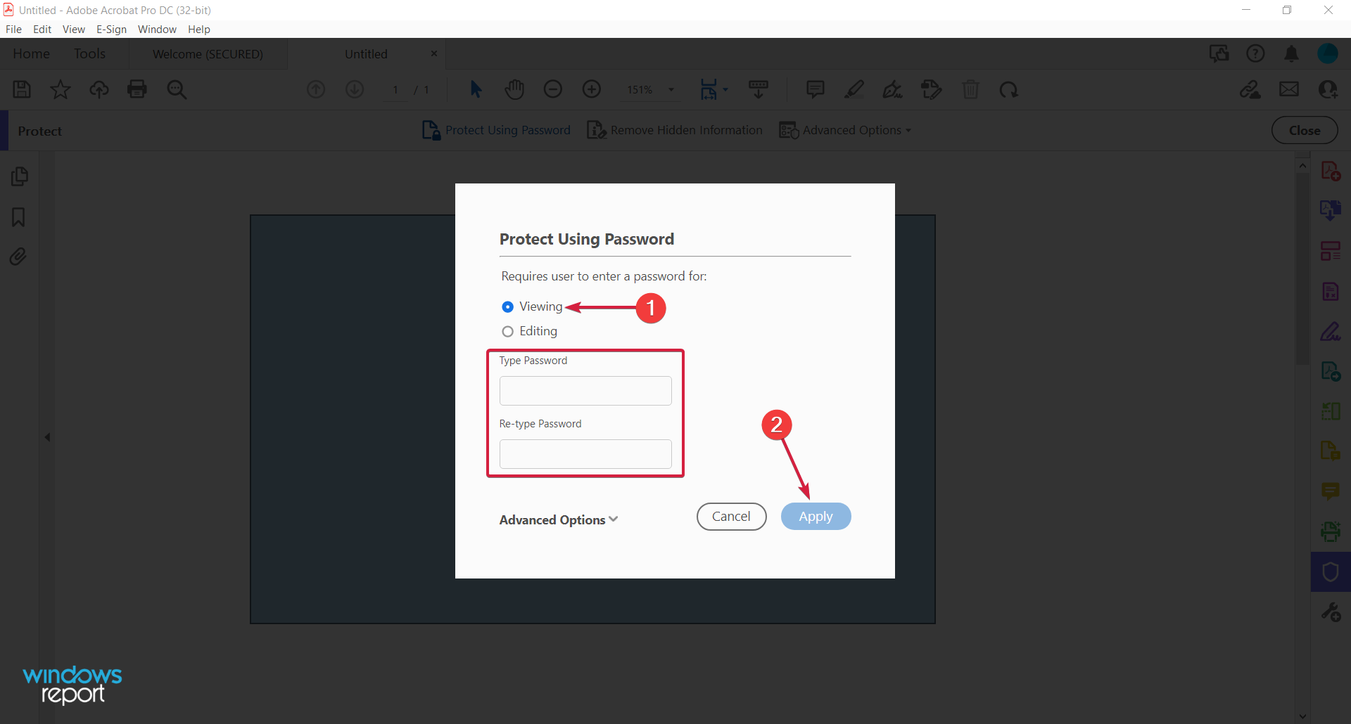 Форма ввода пароля для защиты PDF в Adobe