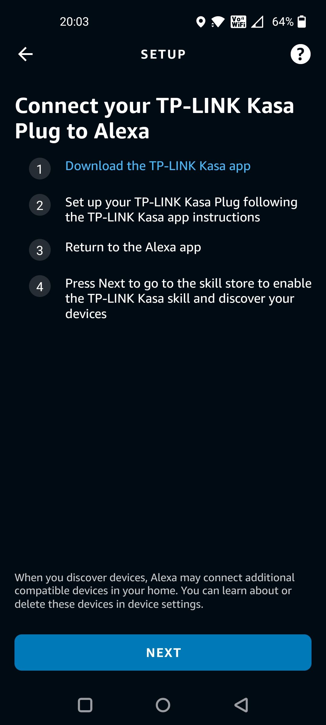 Страница настройки Kasa в Alexa