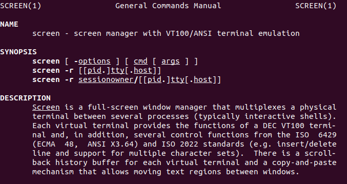 Страница справки man screen