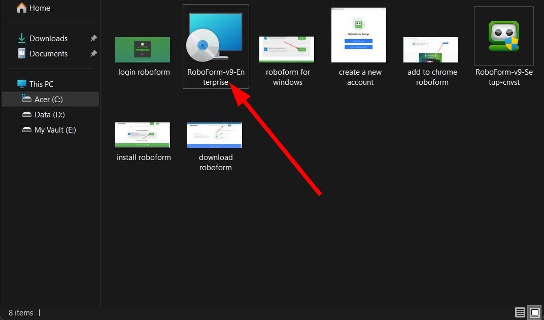 Запуск установщика RoboForm — двойной клик по файлу
