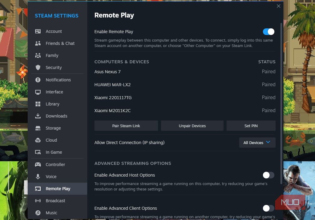 Включение Steam Remote Play