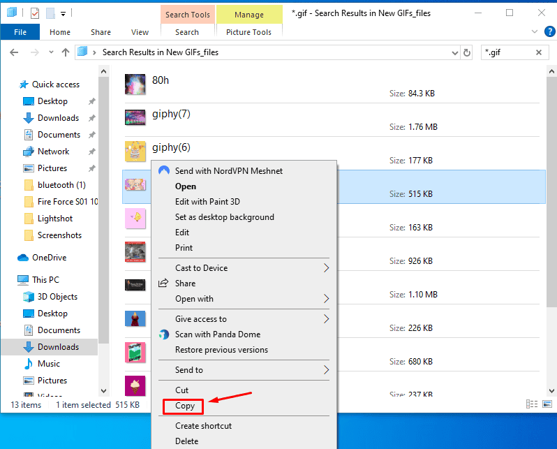 Контекстное меню: копирование GIF