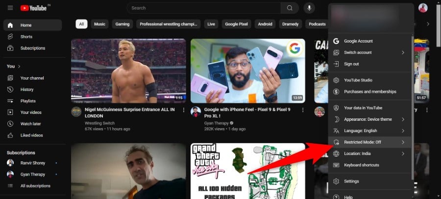 Меню YouTube с профилем пользователя