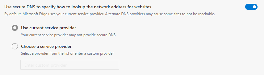 Edge DNS over HTTPS settings — скриншот настроек Edge, показывающий опции DoH
