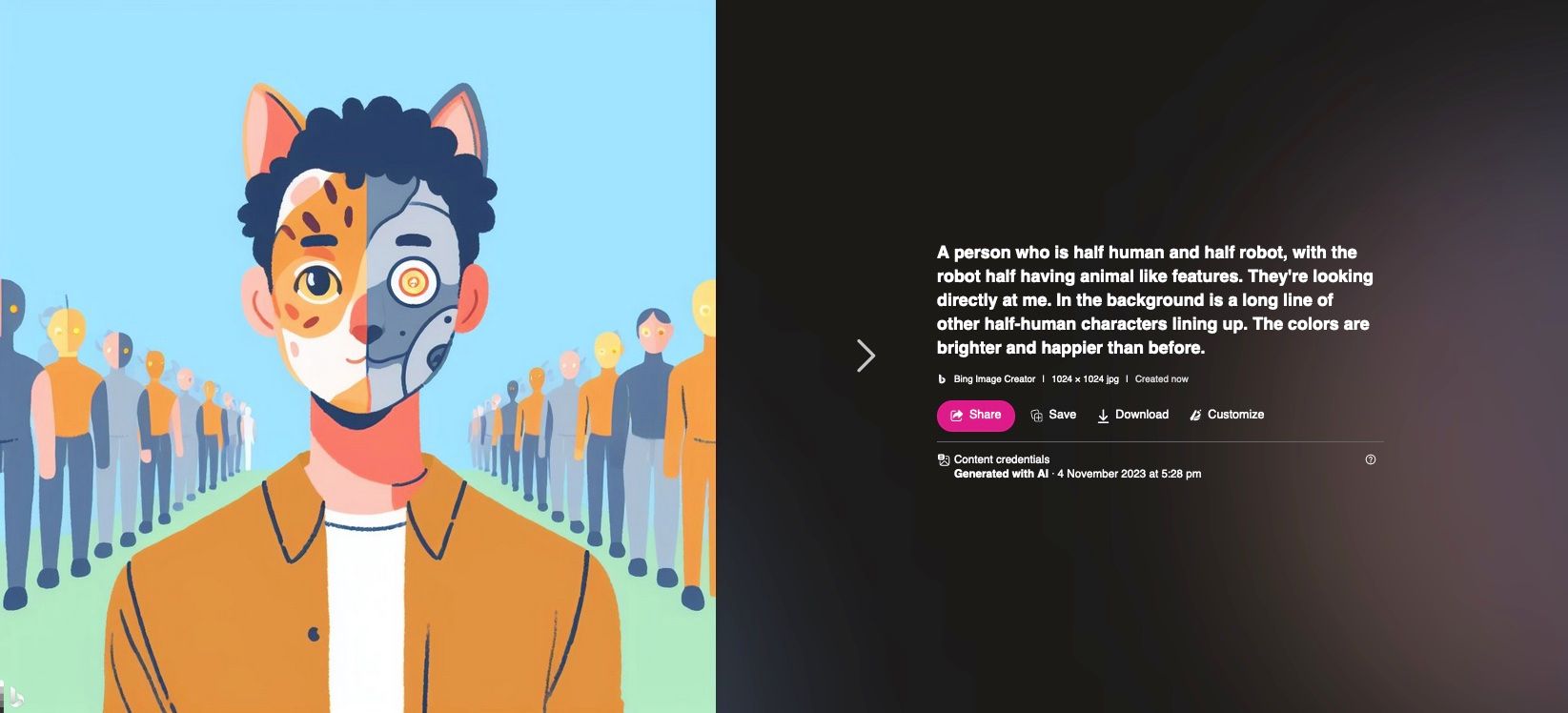 Персонаж наполовину человек, наполовину робот, сгенерированный DALL-E 3 в Bing