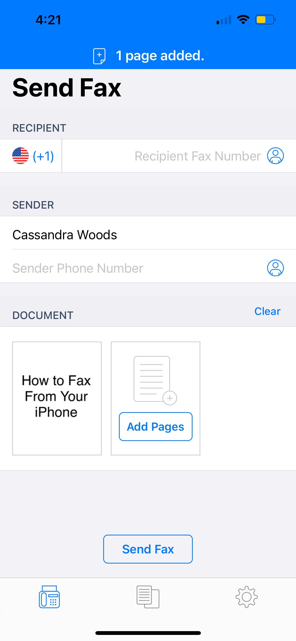 страница отправки с добавленным документом в FAX Free
