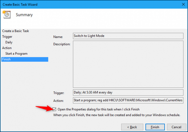 Открыть свойства задачи после создания