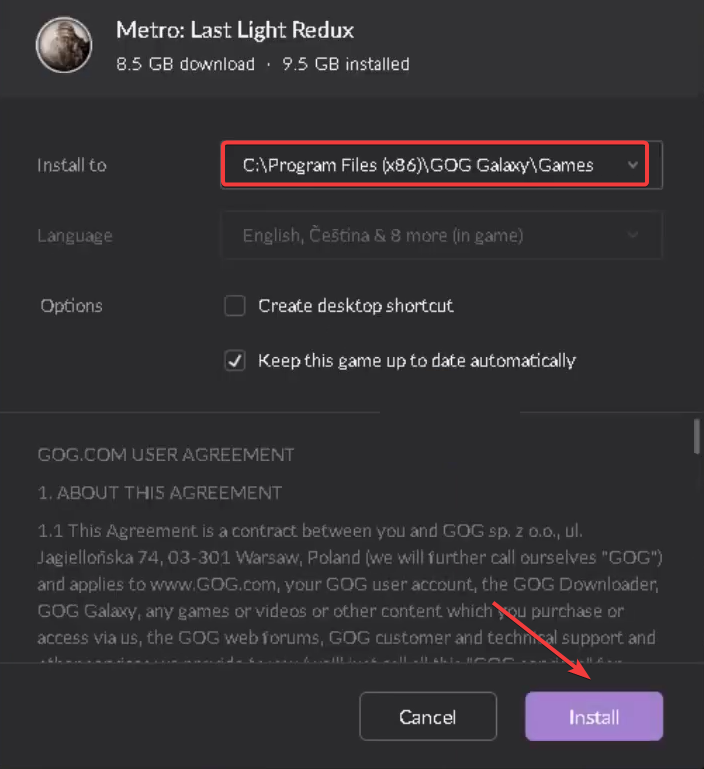 Выбор папки установки GOG Galaxy