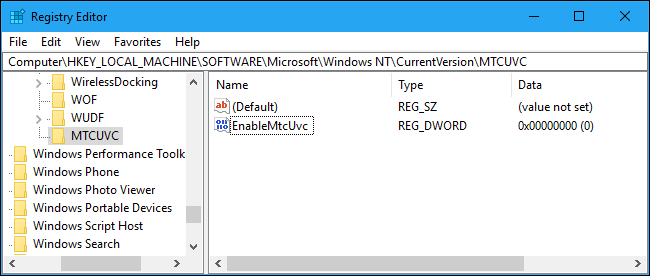 Параметр EnableMtcUvc со значением 0 в редакторе реестра