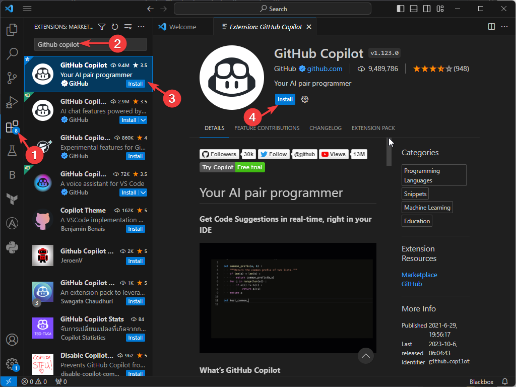Раздел расширений в редакторе: поиск GitHub Copilot и установка
