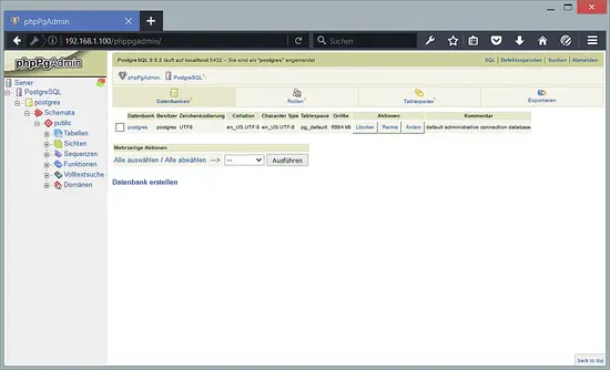 Интерфейс phpPgAdmin после входа