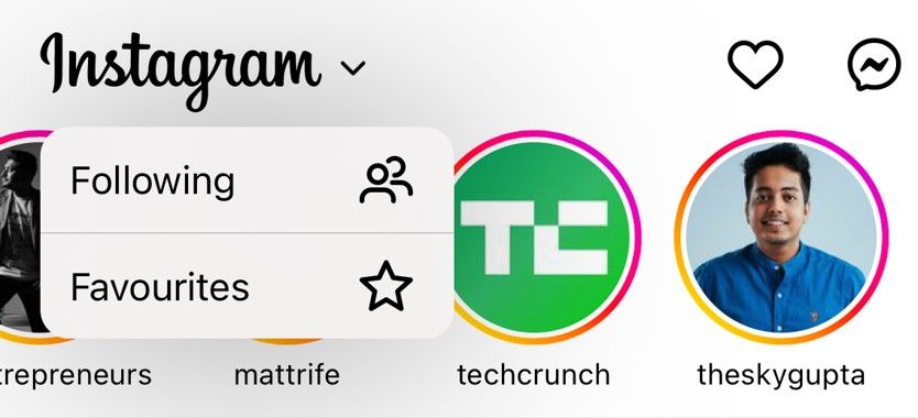 Меню Following и Favorites на мобильном экране Instagram.