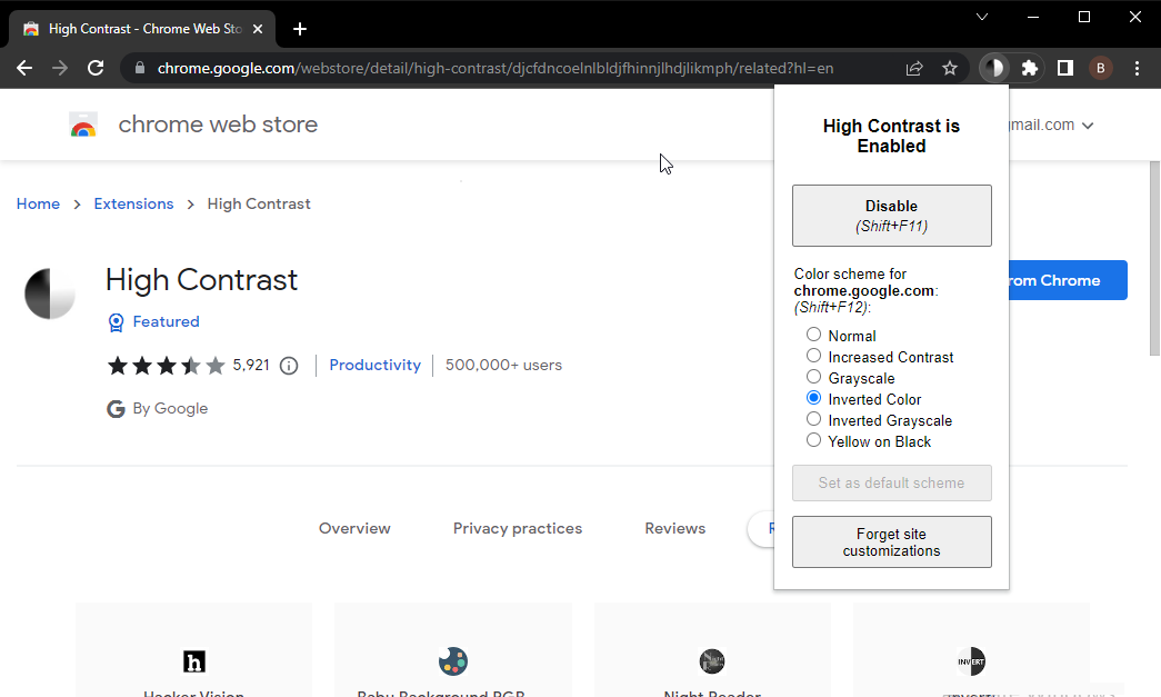 Параметры расширения High Contrast: выбор режима и тонов