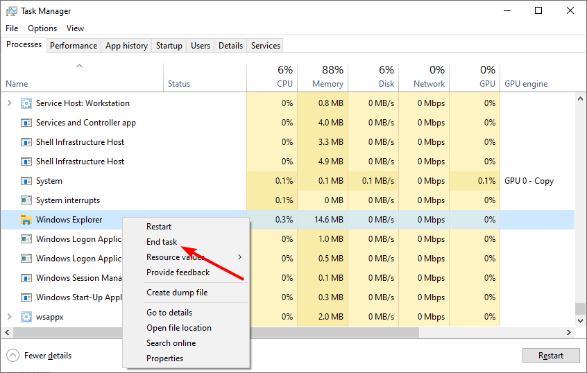 Завершение процесса explorer.exe в диспетчере задач