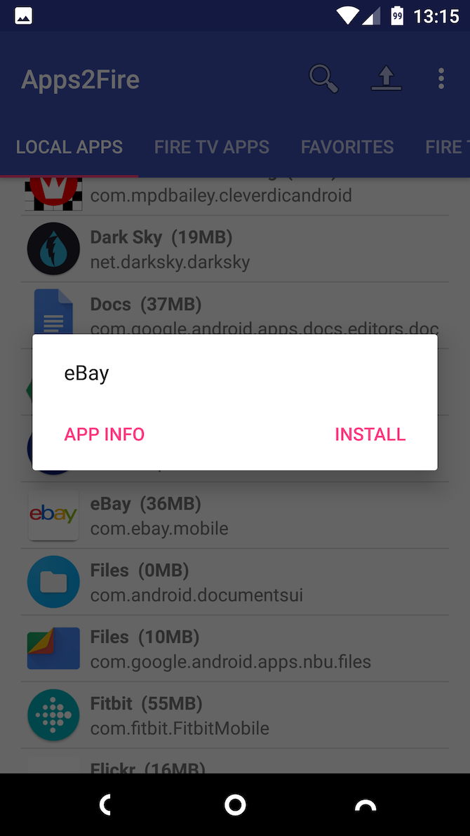 Выбор приложения для отправки на Fire Stick