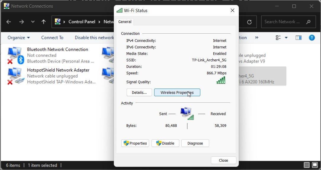 Кнопка Свойства беспроводной сети в окне состояния адаптера