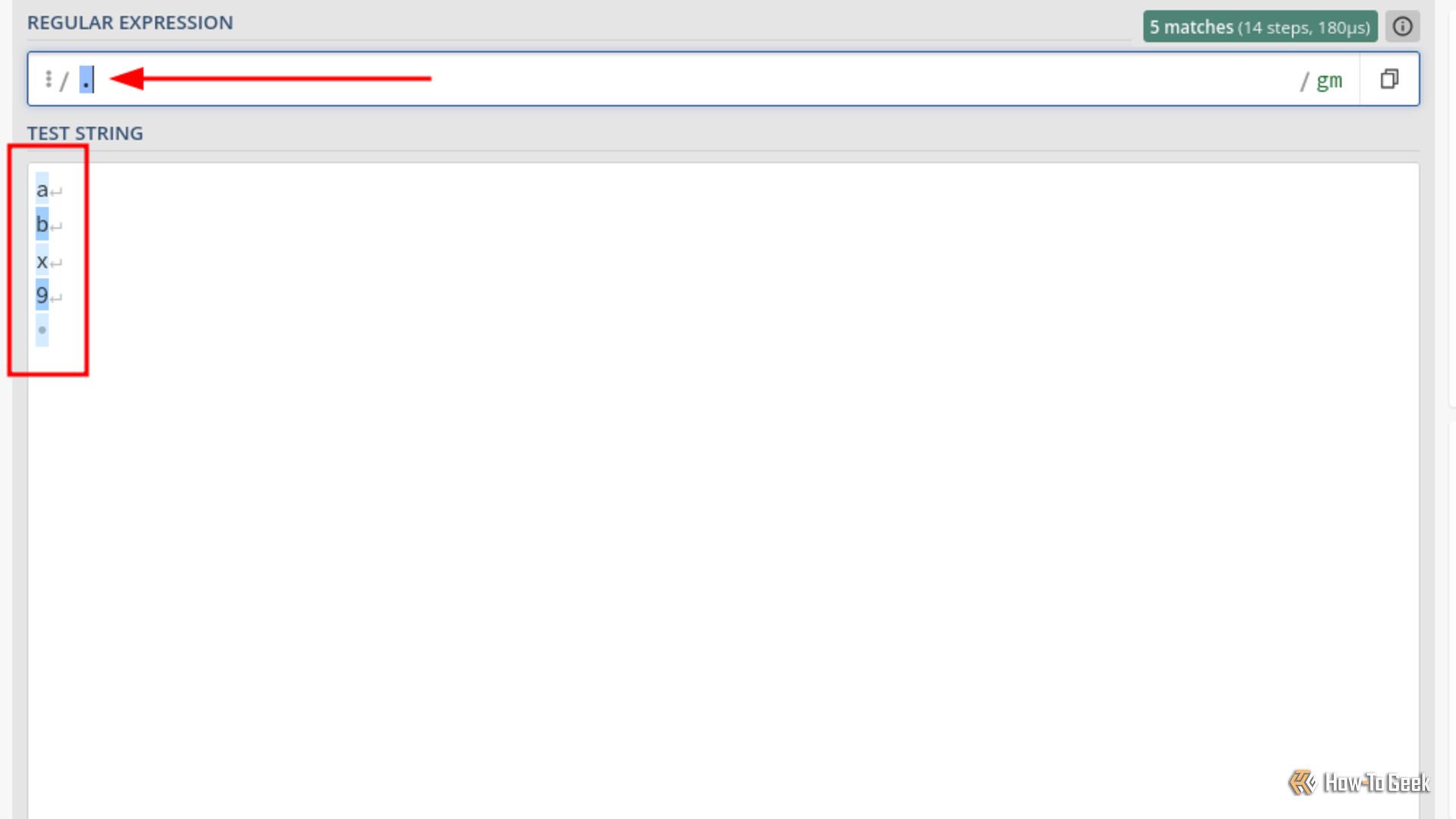 Веб-страница с двумя полями: шаблон и результаты. В шаблоне показан символ точка; в результатах выделены несколько строк.