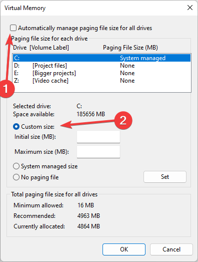 Установка пользовательского размера файла подкачки