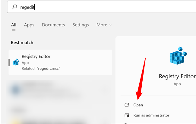 Введите regedit в поиске меню Пуск, затем нажмите Enter или выберите «Открыть».