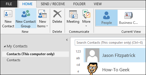 Создание новой группы контактов на ленте Outlook