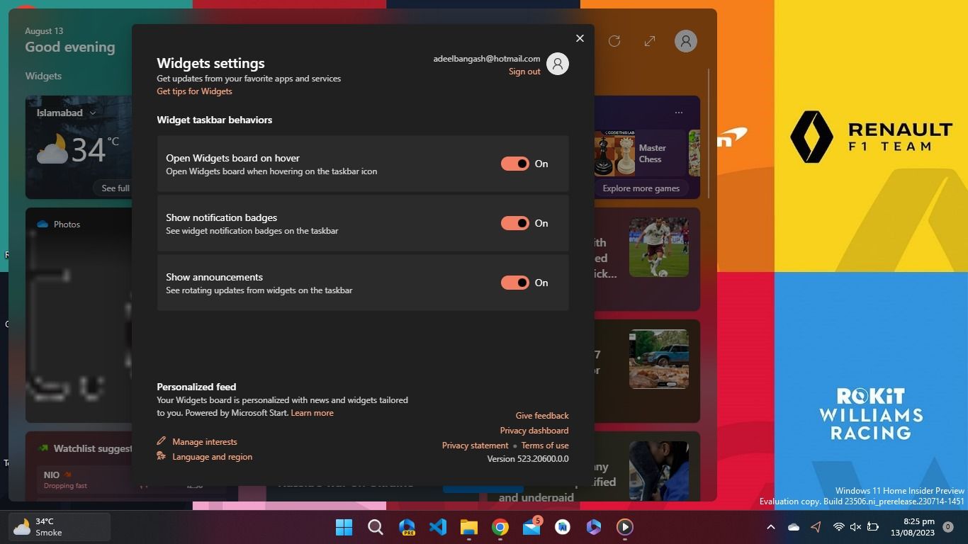 Откройте панель Виджетов через иконку на панели задач