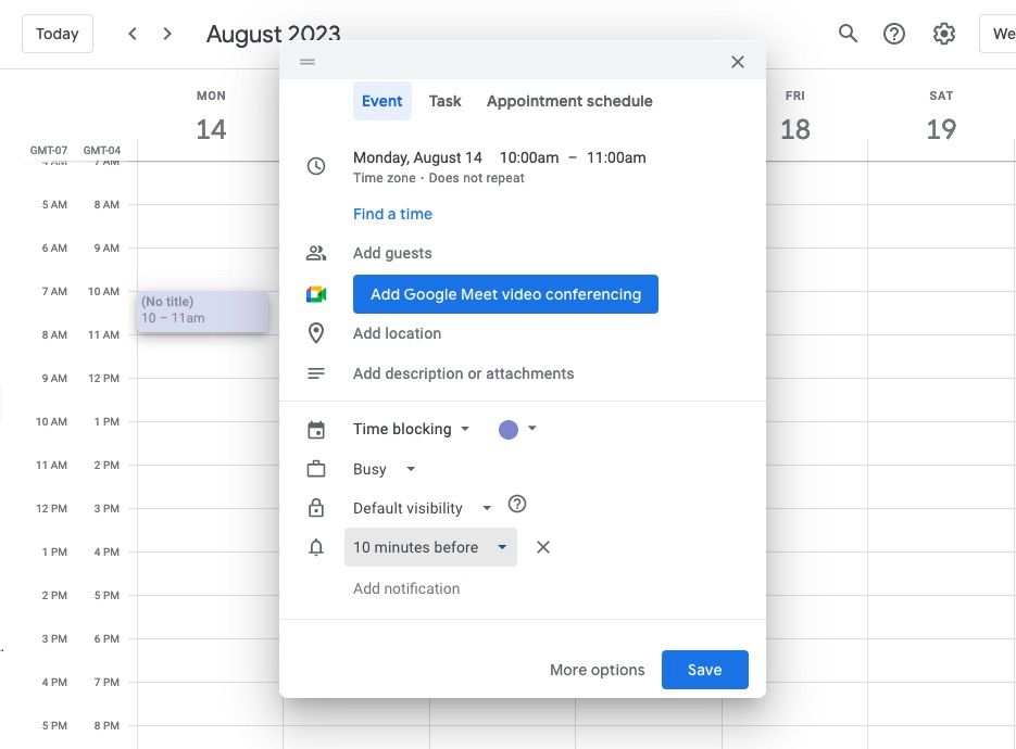 Панель напоминаний и уведомлений в событии Google Календаря