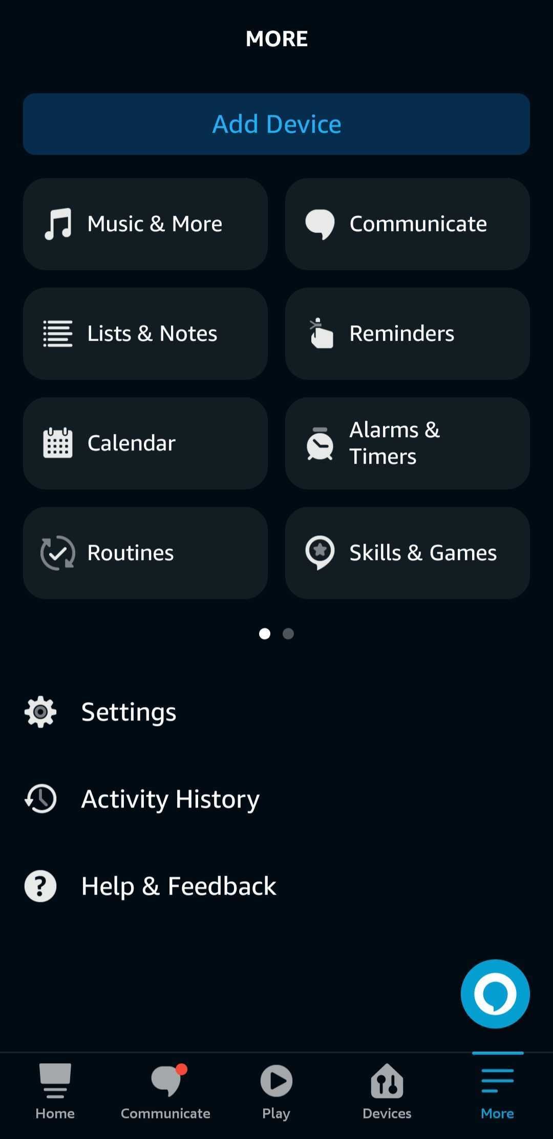 скриншот вкладки Ещё в приложении Alexa