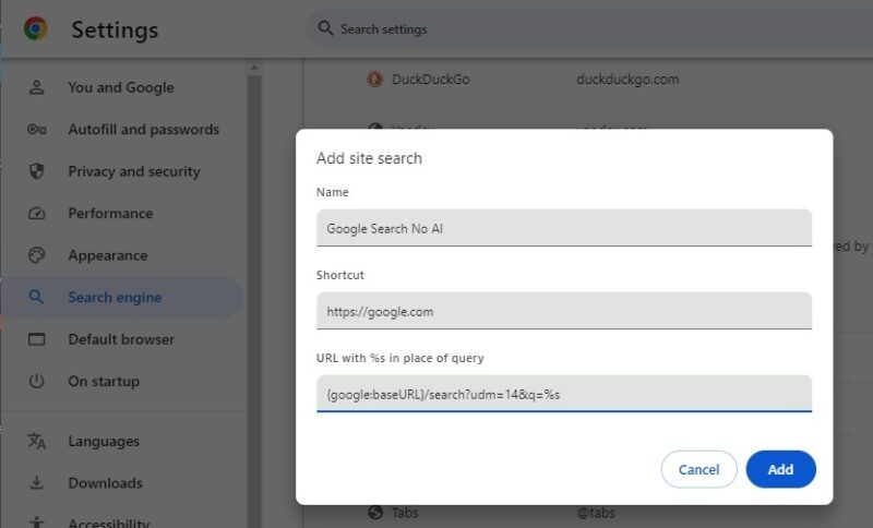 Редактирование поисковой системы в Google Chrome.