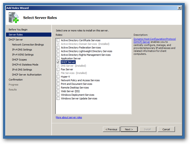 Выбор роли DHCP Server в мастере установки ролей