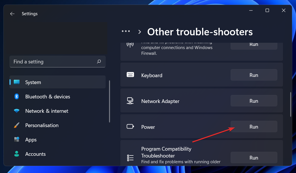Параметры: пункт запустить средство устранения неполадок питания