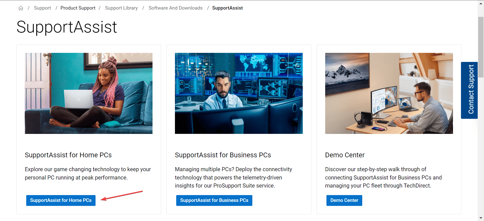 Страница загрузки SupportAssist на сайте Dell