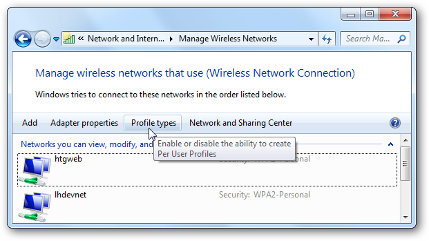 Окно выбора типов профилей в Windows 7