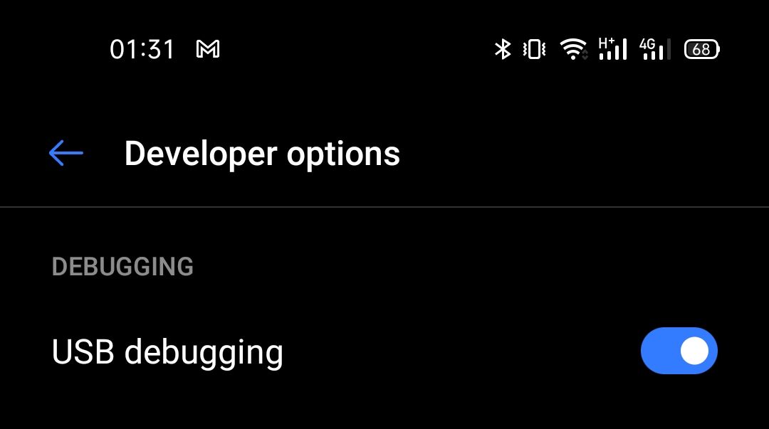 Тогглер USB отладки в параметрах разработчика