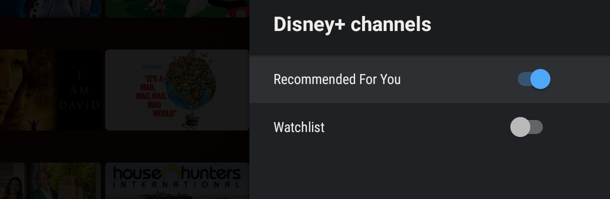 Меню выбора отдельных каналов приложения (пример Disney+) для добавления на главный экран.