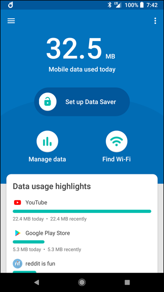 Главный экран Datally с ежедневным расходом и списком приложений