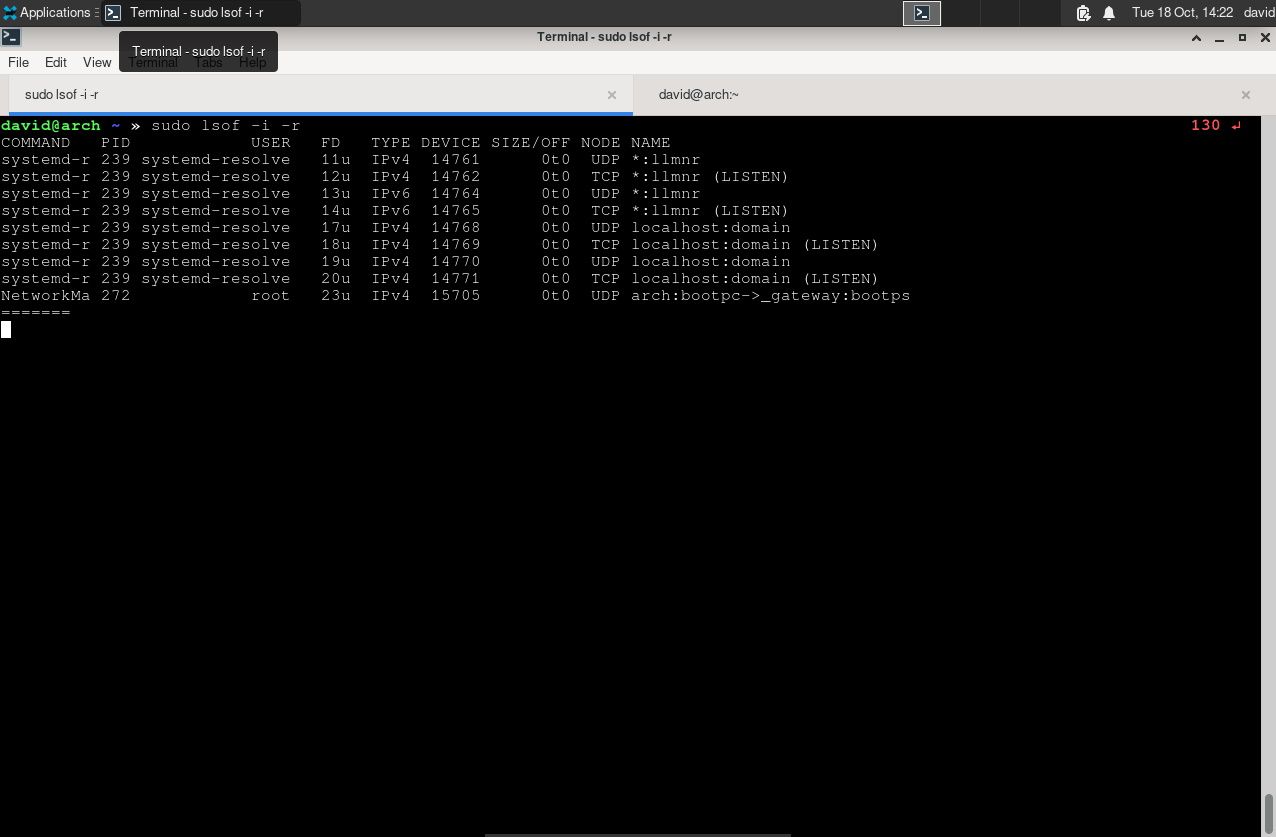 Вывод lsof -i, показывающий сетевые сокеты и порты