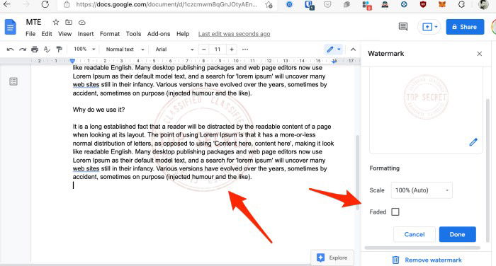 Параметры водяного знака в Google Docs: эффект 'Затемнённый' и масштаб